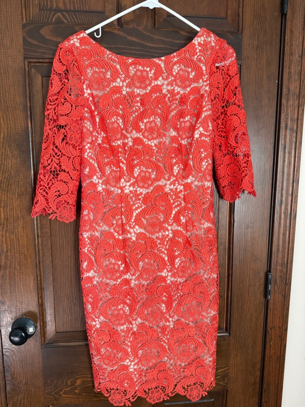 Red Lace Midi Dress with Three-Quarter Sleeves